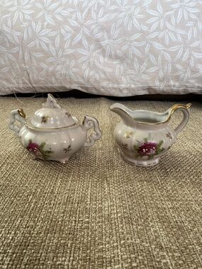 Vintage Floral Porcelain Creamer and Sugar Set with Gold Trim